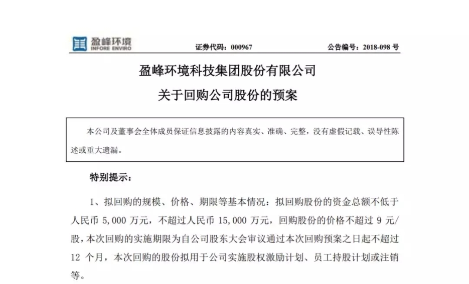 盈峰环境宣布回购部分公司社会公众股份